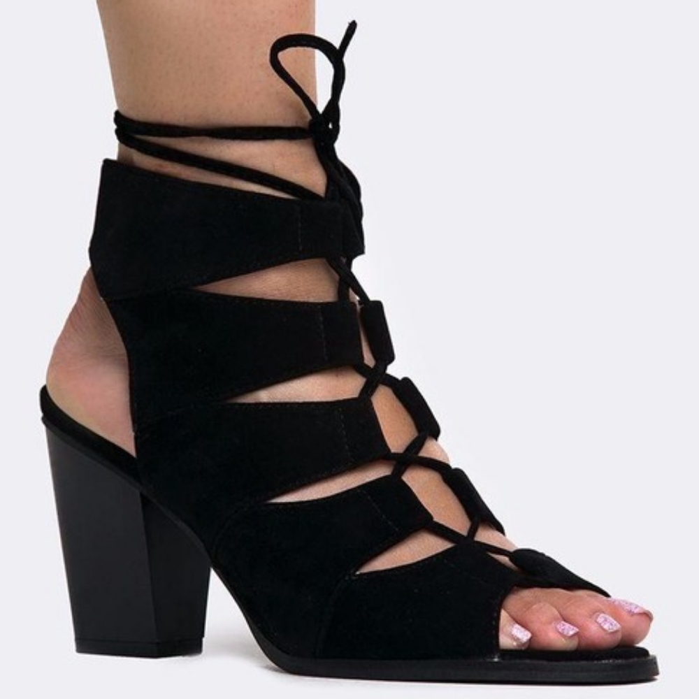 J Adams Black Katana Cut Out Lace Up Suede Heels